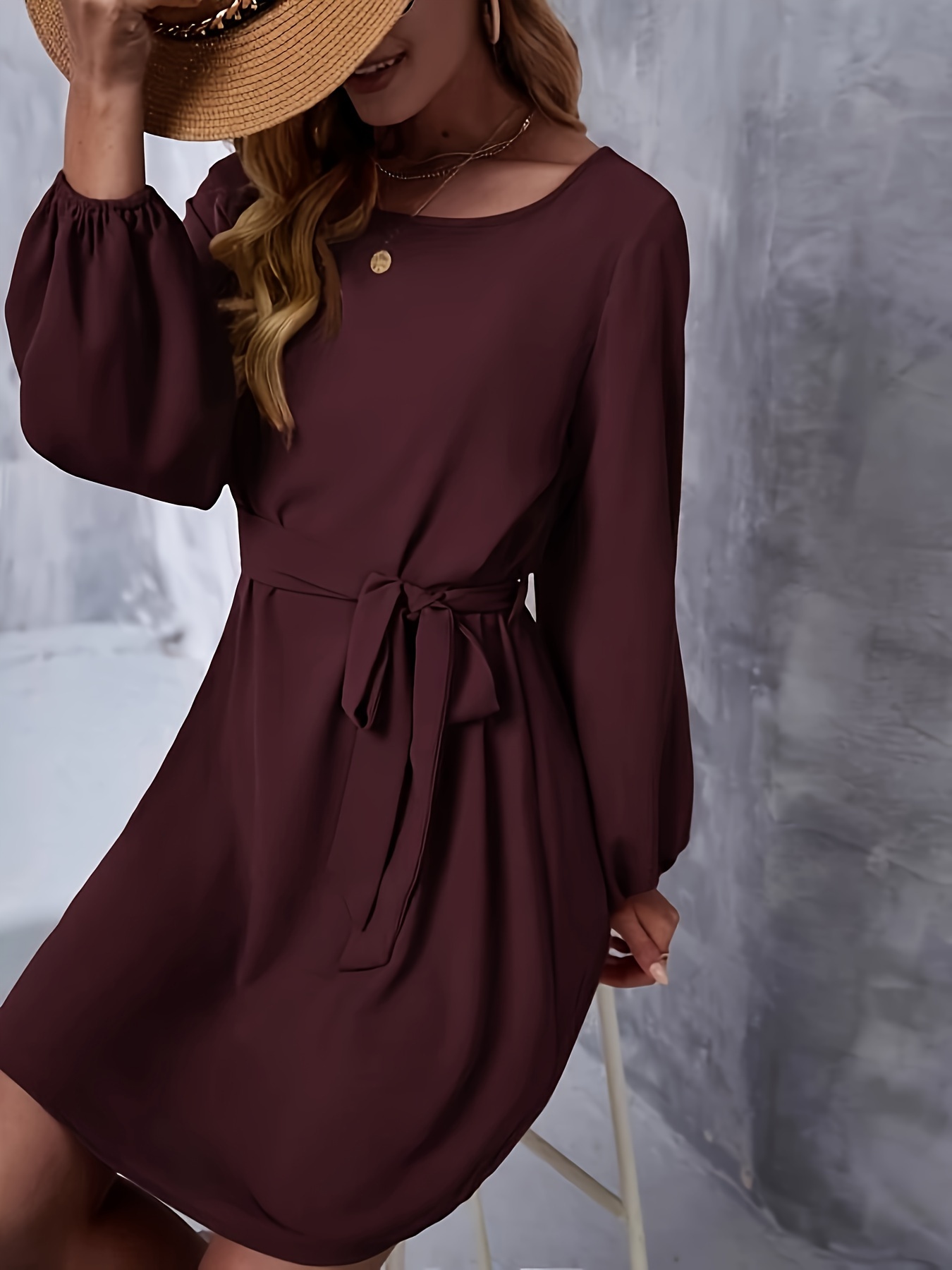 belted solid color dress casual long sleeve dress for spring fall womens clothing