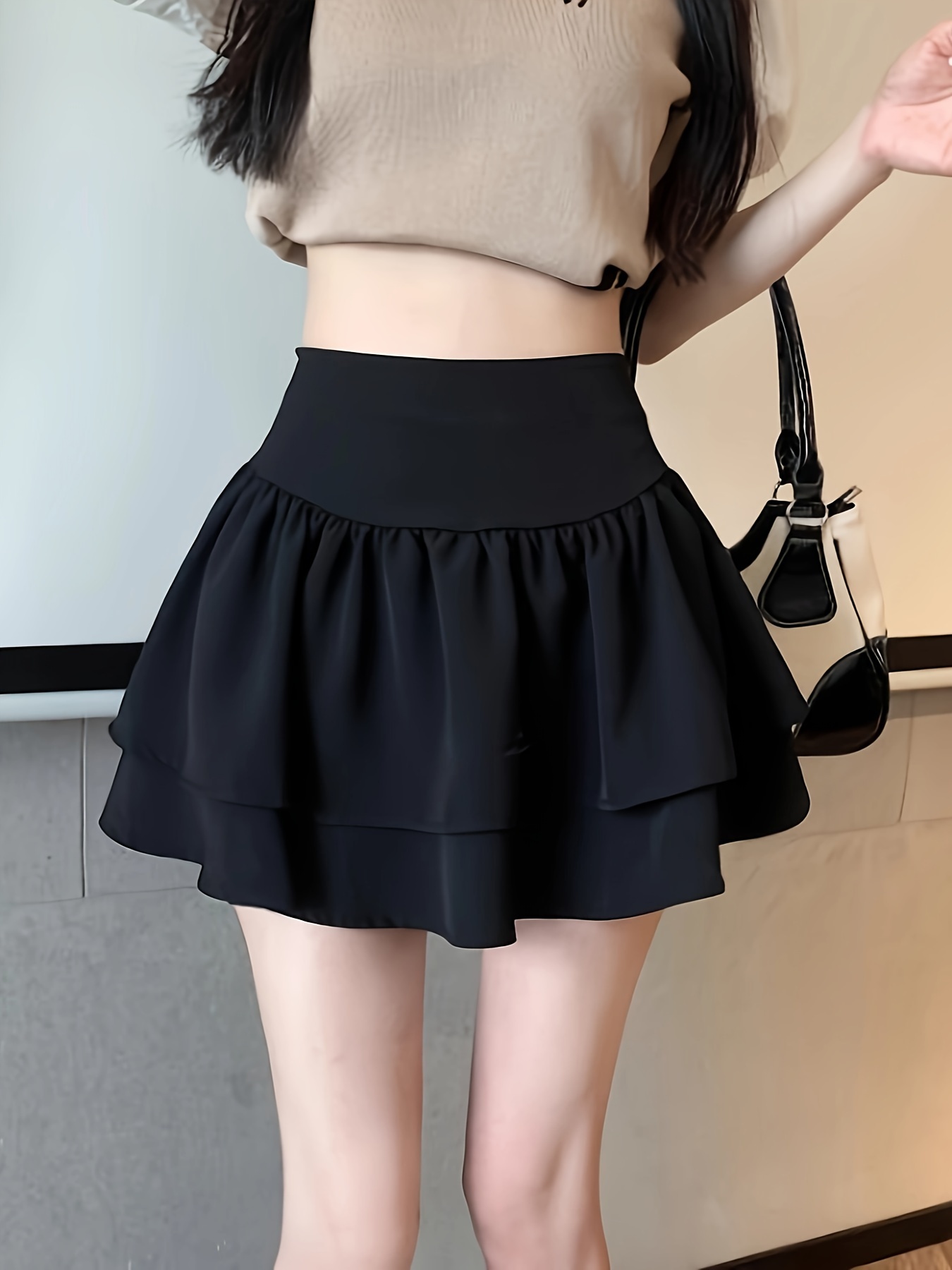 Solid High Waist Flared Skirt, Elegant Zip Back Mini Skirt, Women's Clothing