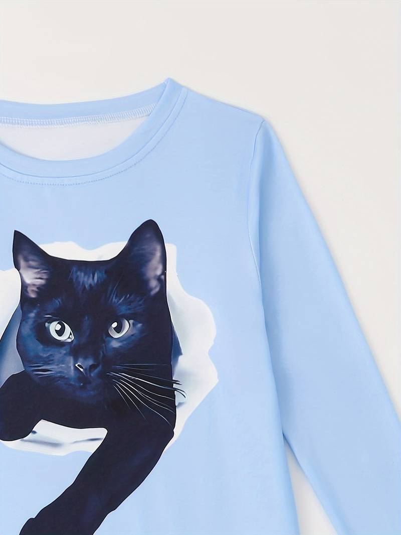 T-shirt Manches Longues Enfant - Motif Chat, Coton Doux, Coupe Confortable Pour Garçons Et Filles