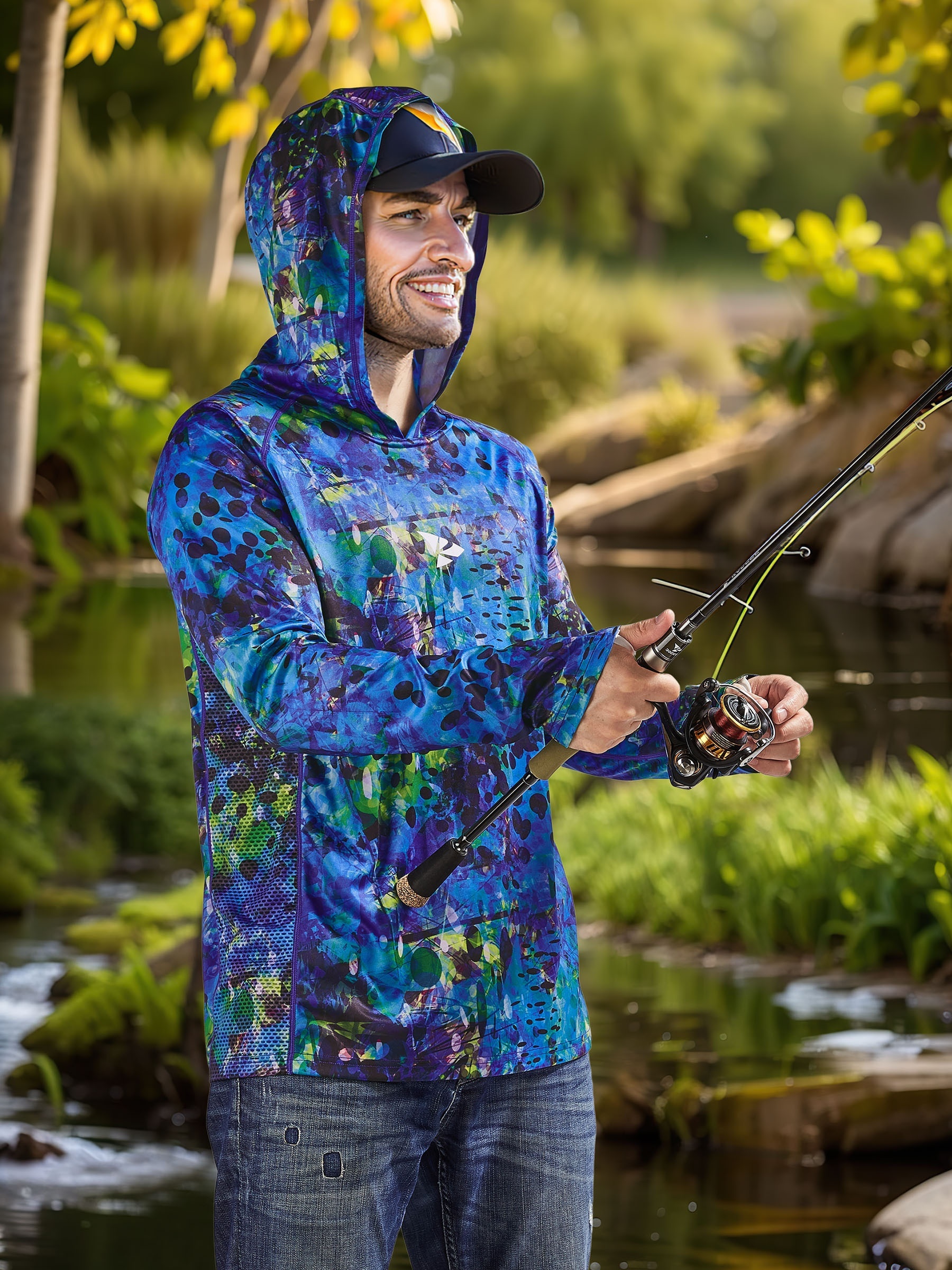 Men's UPF 50+ Sun Protection Hoodie, Long Sleeve Comfy Quick Dry Tops for Men's Outdoor Fishing Activities,Temu