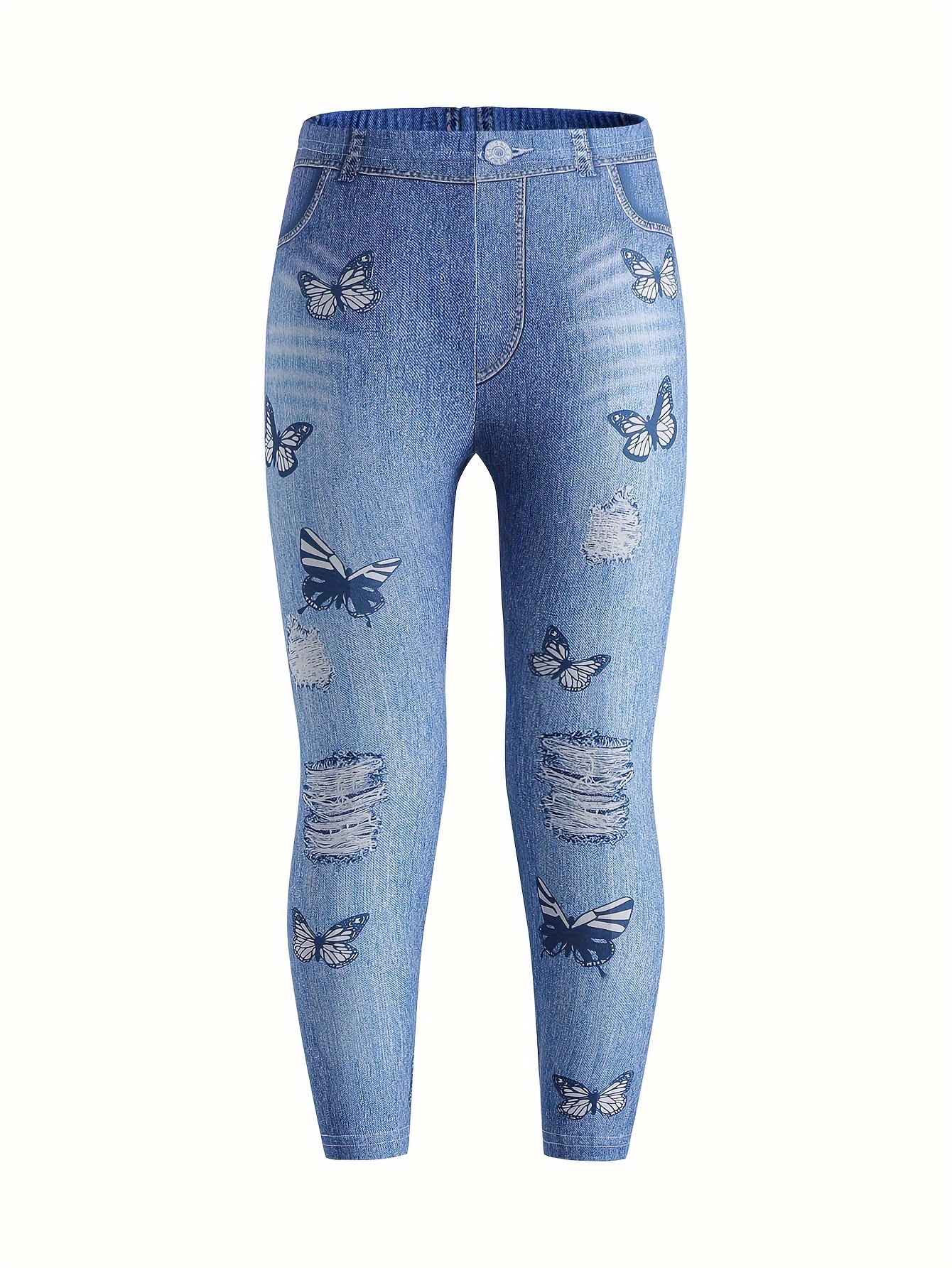 Little Girls Imitation Denim 3D Print Trousers With Graffiti Ripped Digital  Print, Stretch Casual Pants For Outwear