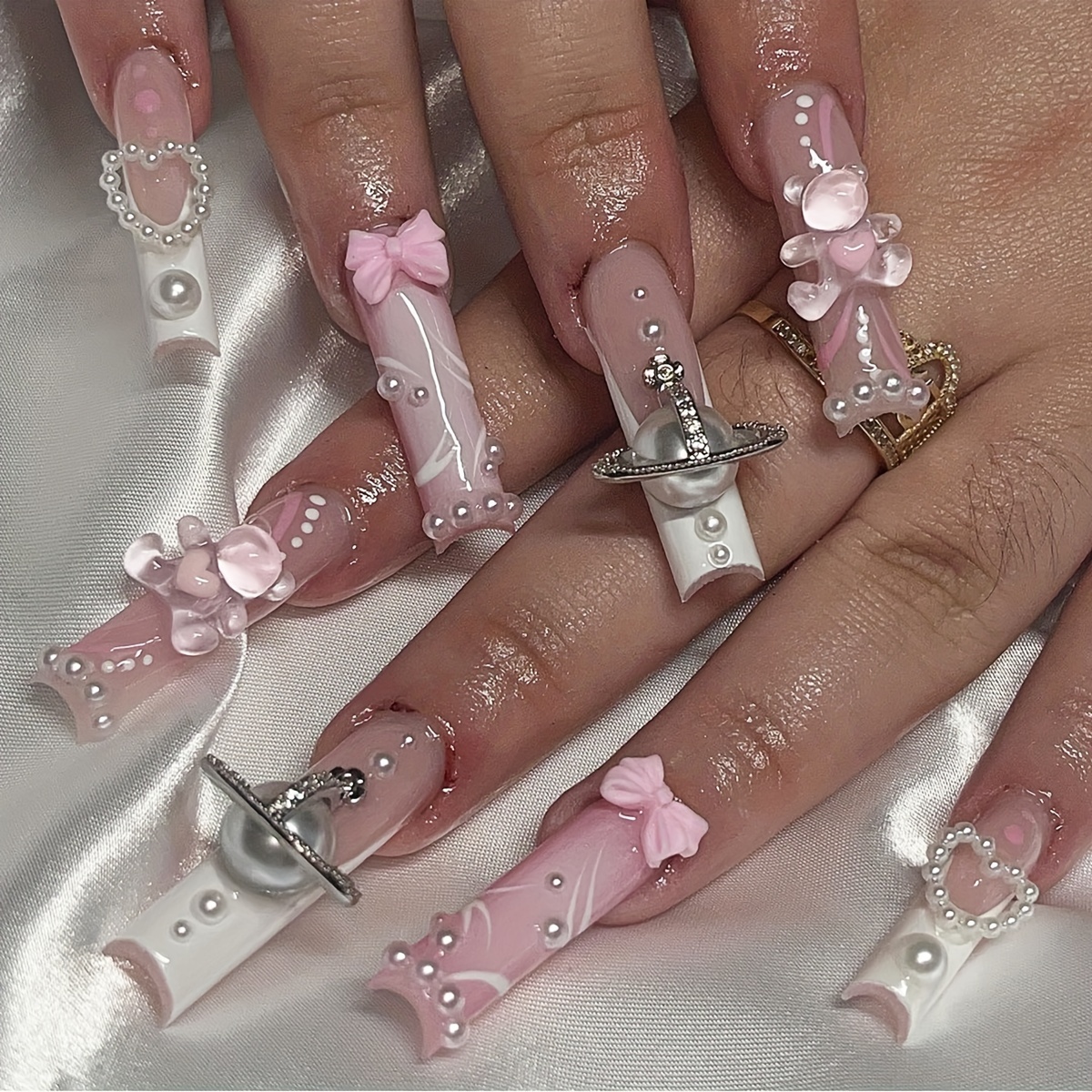 French Tip Press on Nails Long Square False Nails Tube Shape Pink Acrylic  Nails with Rhinestones 3D Cat and Heart Bow Designs Glue on Nails Glitter
