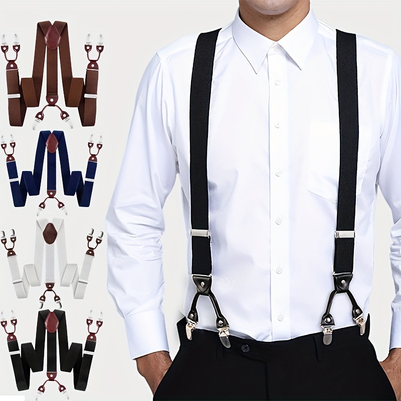 

Mens Suspenders Suit Brace Y-back Leather Heavy Duty Suspender With 6 Metal Clip