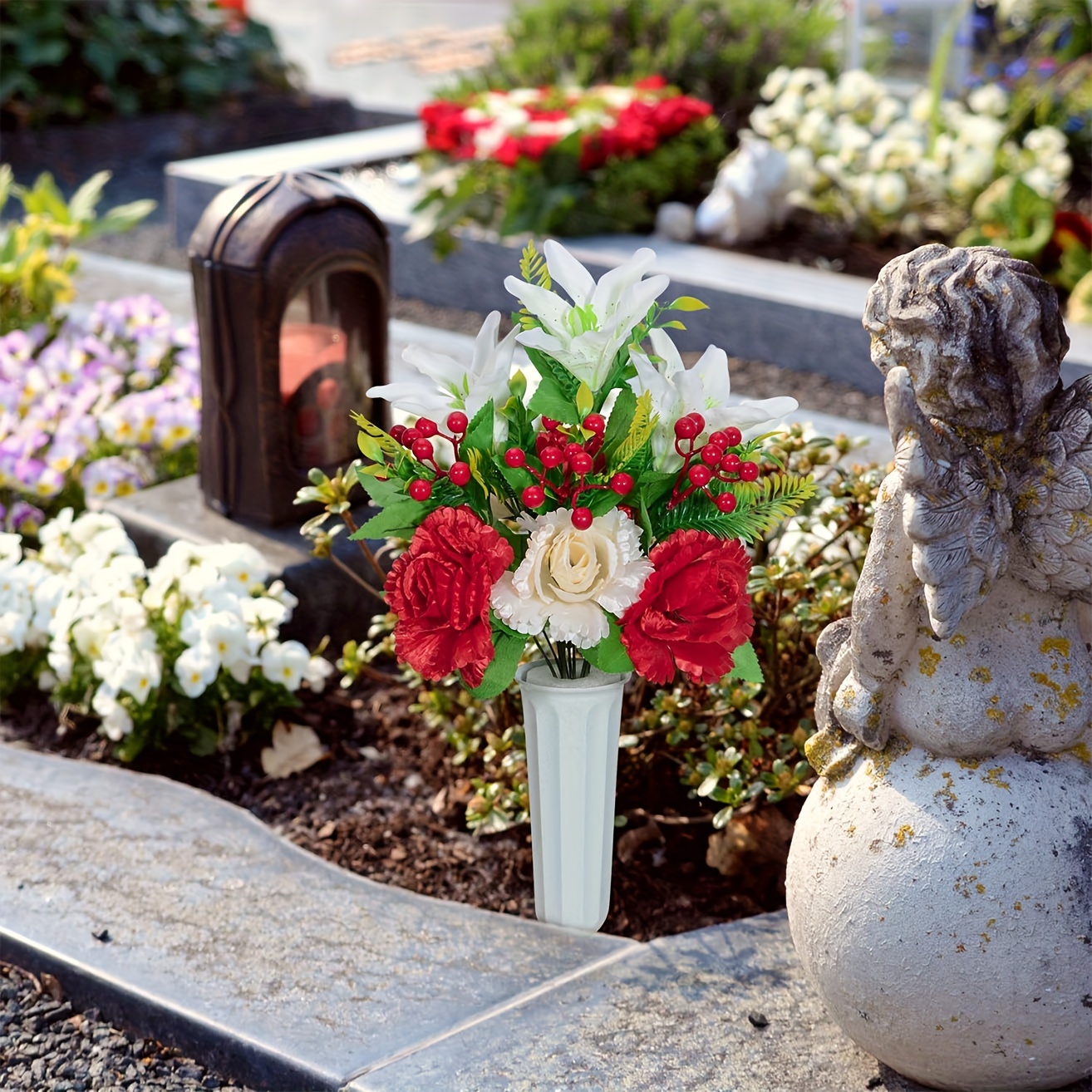 Fiori Artificiali Per Cimitero Per Tomba, Set Di 2 Fiori Artificiali  Bouquet Di Fiori Commemorativi Con Vaso Per Lapidi Di Cimiteri All'aperto