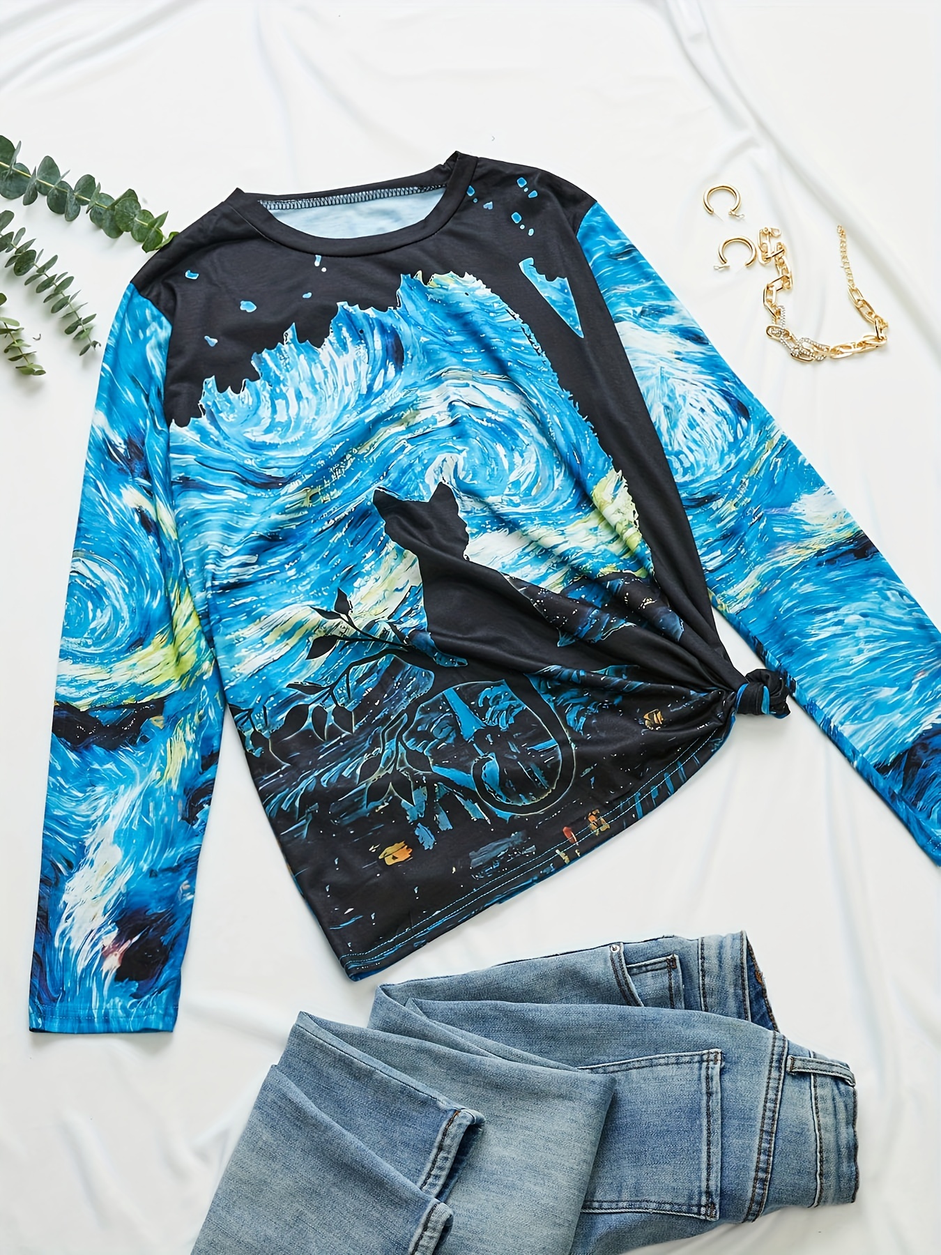 cat starry print crew neck t shirt casual long sleeve top for spring fall womens clothing blue 5