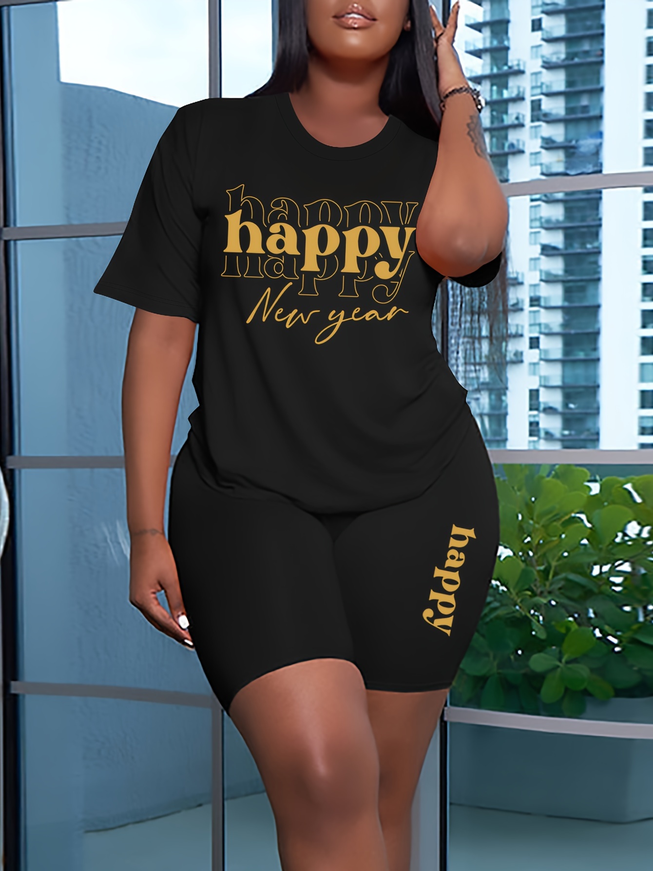 Plus Size Letter Print Two piece Set Crew Neck Short Sleeve - Temu