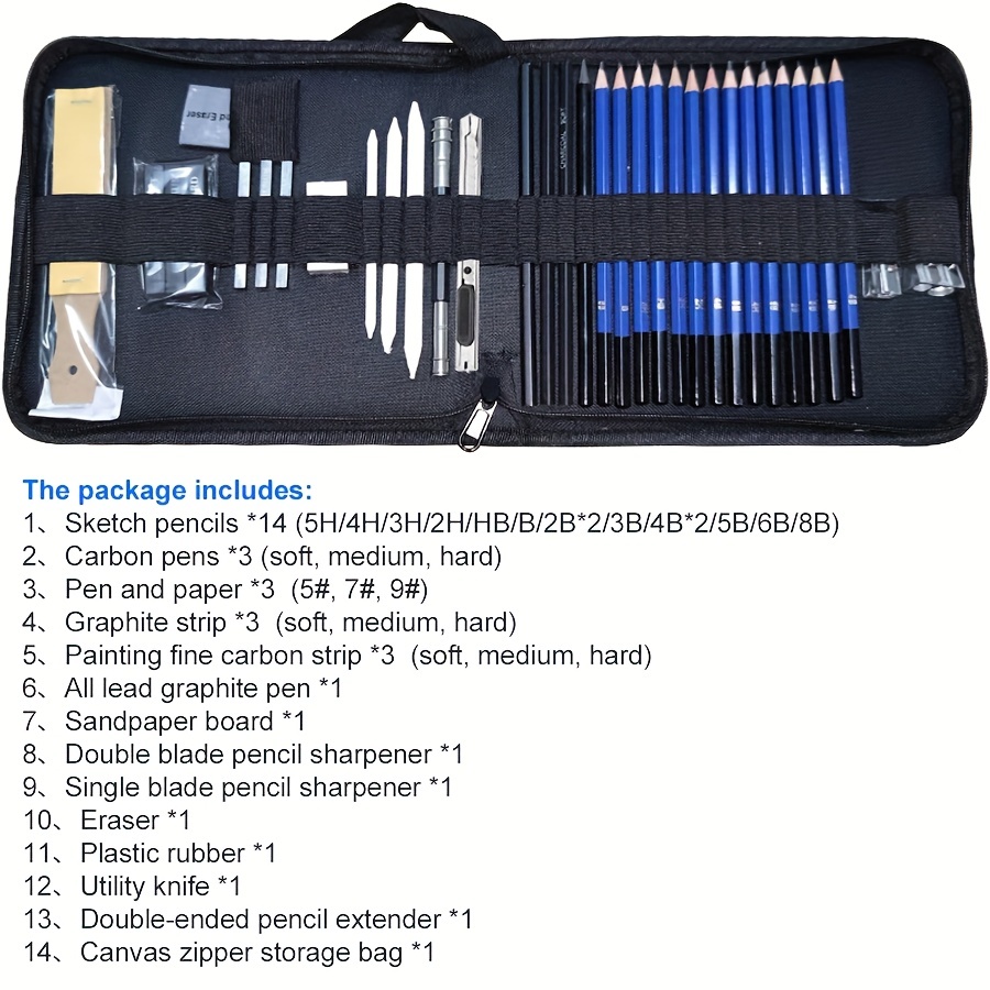 35PCS Pro Drawing Kit Sketching Pencils Set，Portable Zippered Travel  Case-Charcoal Pencils，Charcoal Stick，Sharpener，Plasticable  Plasticine,Eraser. Art