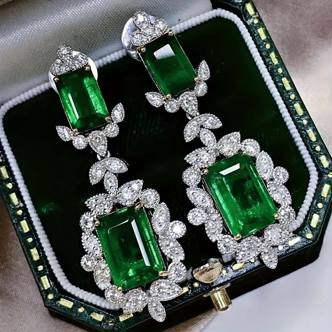 Green Synthetic Gems Inlaid Dangle Earrings Elegant Jewelry Banquet Ear Ornaments