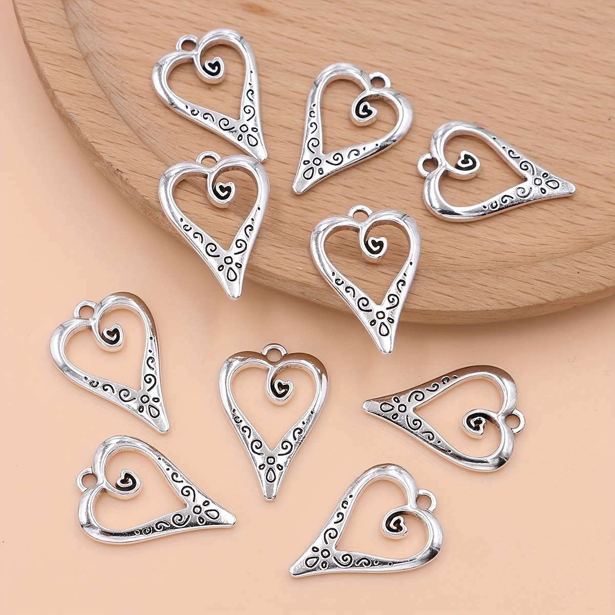 Open Heart Charms, Silver Heart Charms for Jewelry Making, Wine Charms, Valentine Crafts, Qty 6