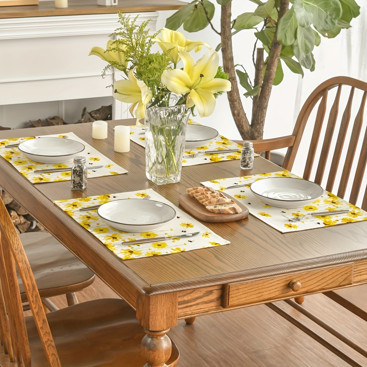 Spring Placemats, Linen Yellow Flower Bee Pattern Placemats Dining