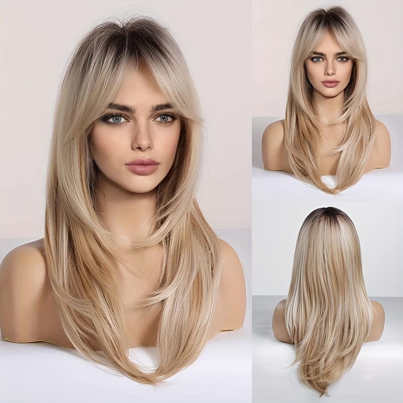 

Blonde Wig Long Curly Wig Shoulder Length Heat Resistant Synthetic Wig With Bangs 24 Inch 100% Density