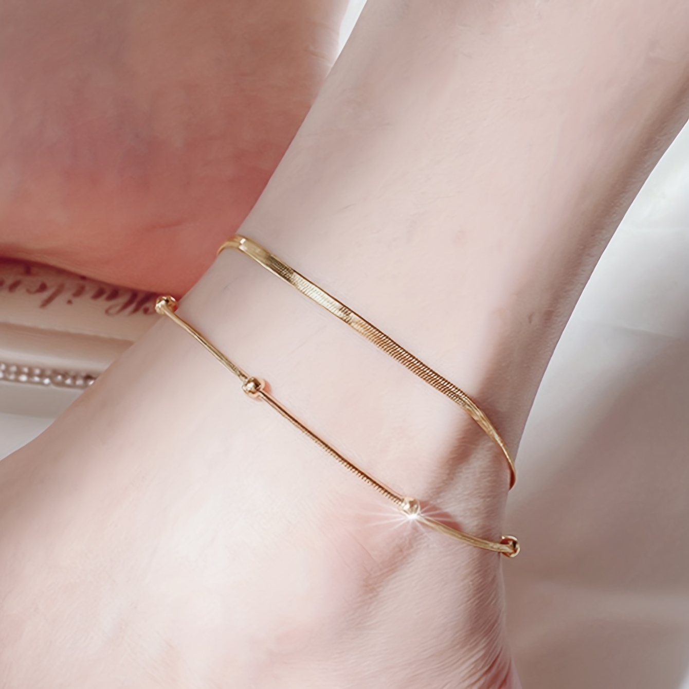 

1pc Double Layers Thin Chain Anklet Elegant Temperament Stainless Steel Ankle Bracelet For Women