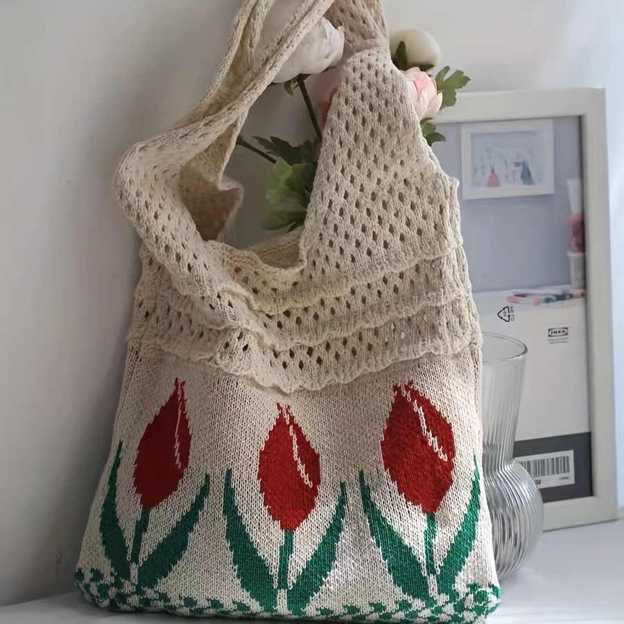 Hollow Out Crochet Bag No-closure Double Handle Polyester Vacation