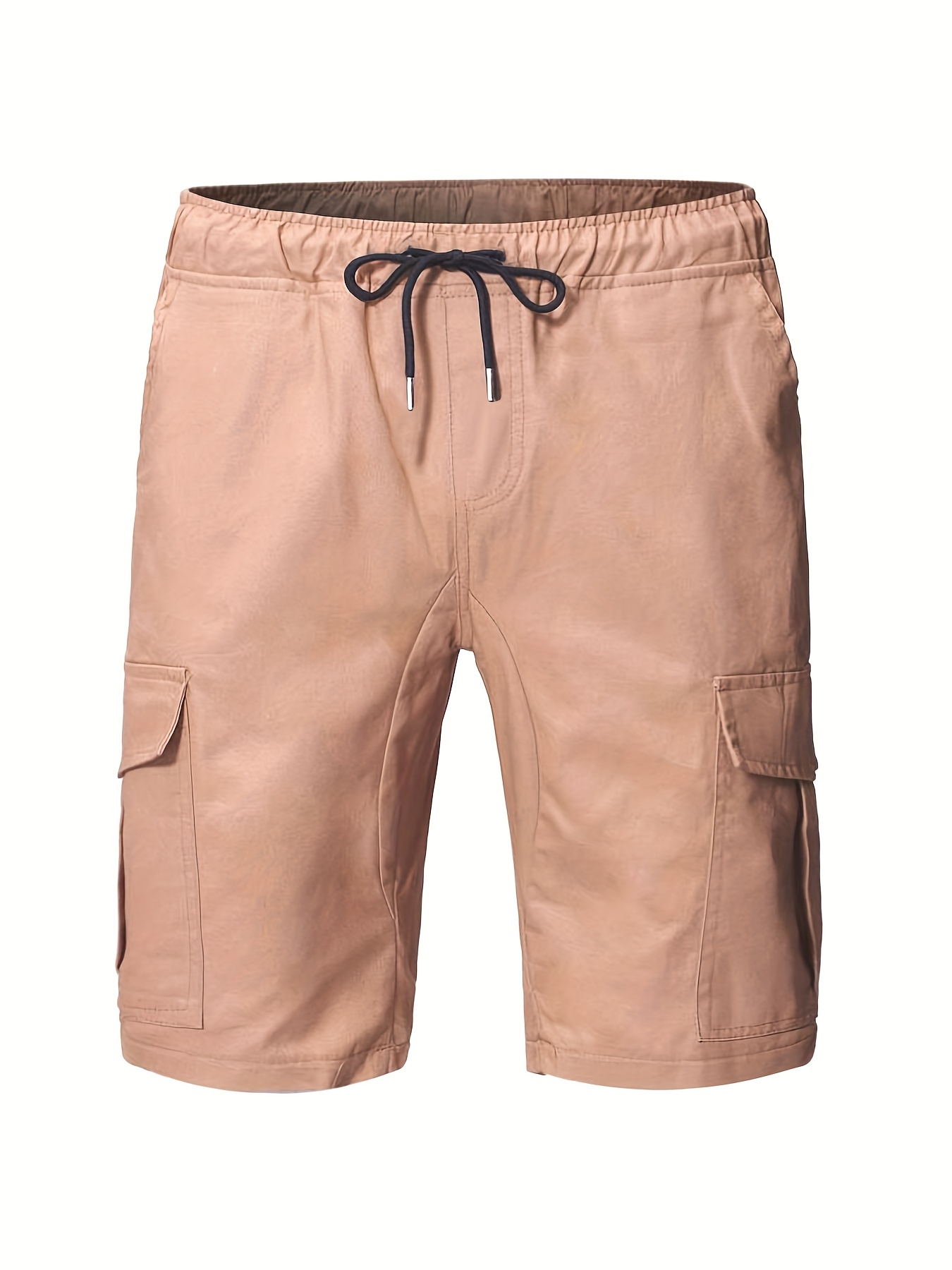 Temu Solid Multi Pocket Cotton Blend Shorts, Men's Cargo Shorts Casual Elastic Waist Drawstring Summer Outdoor, Knee Length Relaxed Fit Cargo Shorts