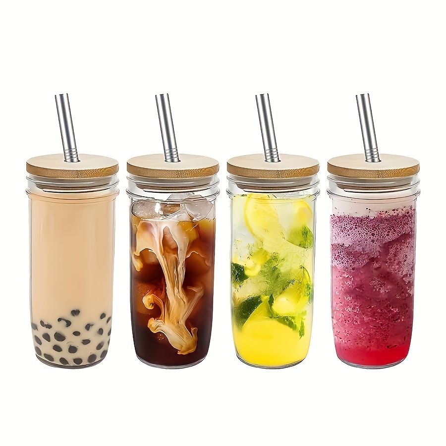 Transparent Can Shape Glass Cups With Glass Lid And Straw Ice