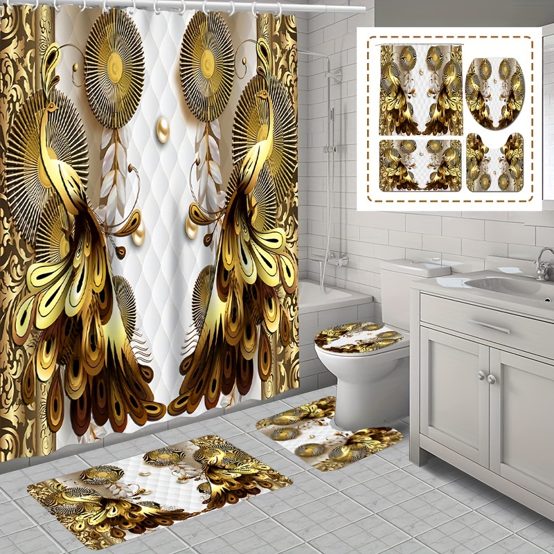 Bathroom Set Golden Peacock Printed Waterproof Curtain 12 - Temu