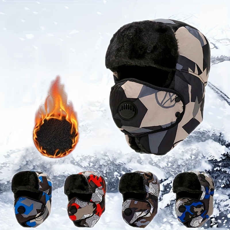 Winter Trooper Trapper Hat for Women and Men, Ear Protection Skiing Hats with Detachable Face Mask, Warm Fleece Skiing Riding Hat,Temu