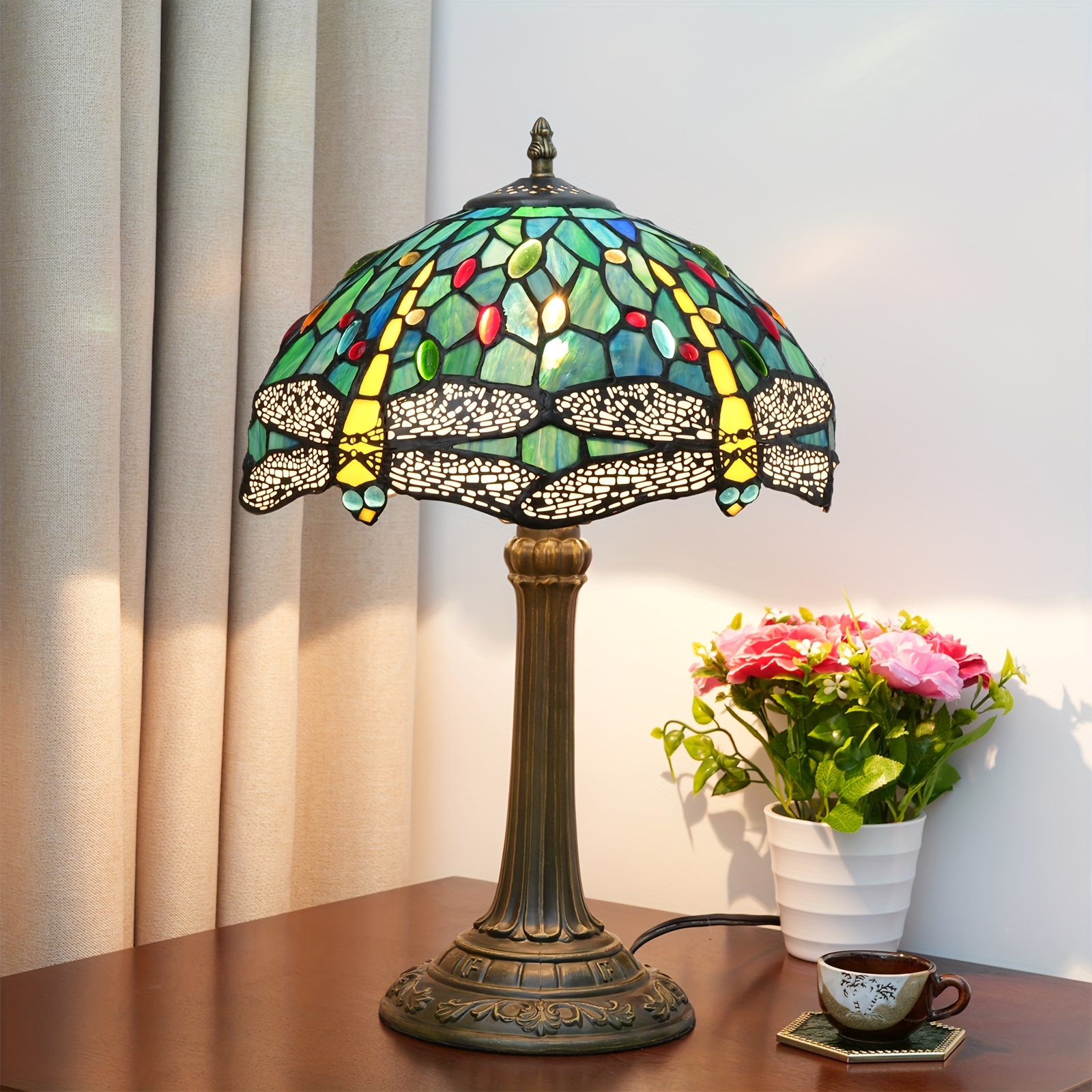 Ebros Gift Louis Comfort Tiffany Mission Style Geometric Green Arrow  Translucent Glass Shade Side Table Lamp with Dark Stained Faux Wood Resin  Base 24.5 Tall Classic Luxury Decorative Desk Light 