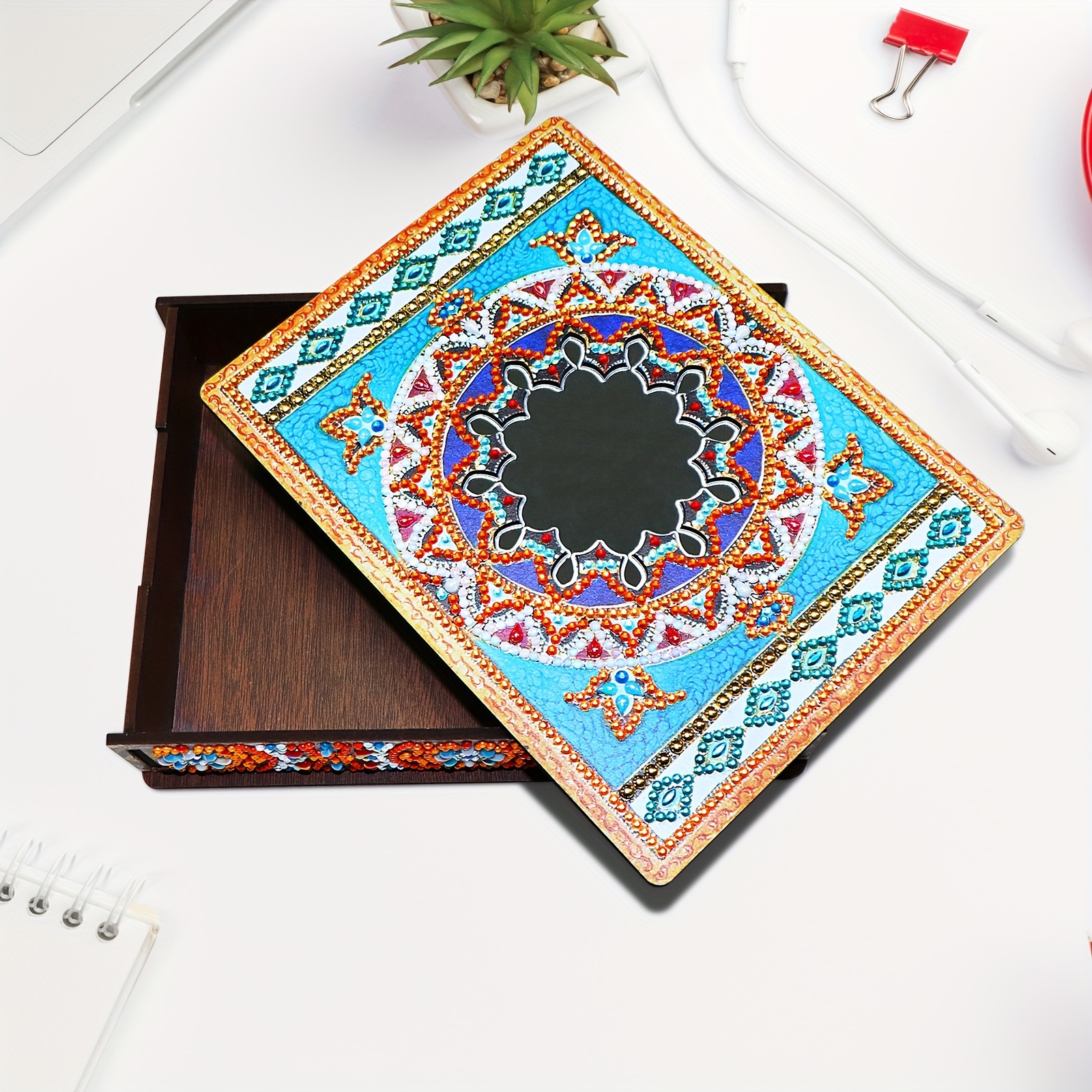 DIY Diamond Painting Kit with Mirror, Blue Mandala Wooden Storage Box