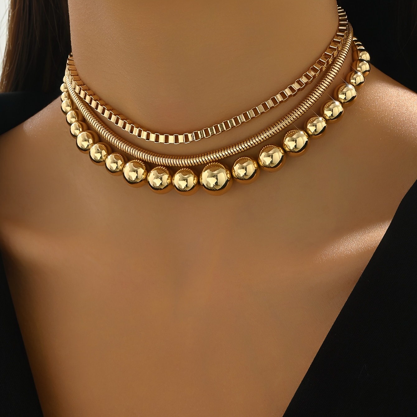 

1pc Layered Collar Necklace Metal Punk Hip Hop Style Round Bead Necklace Golden Link Chain Party Jewelry