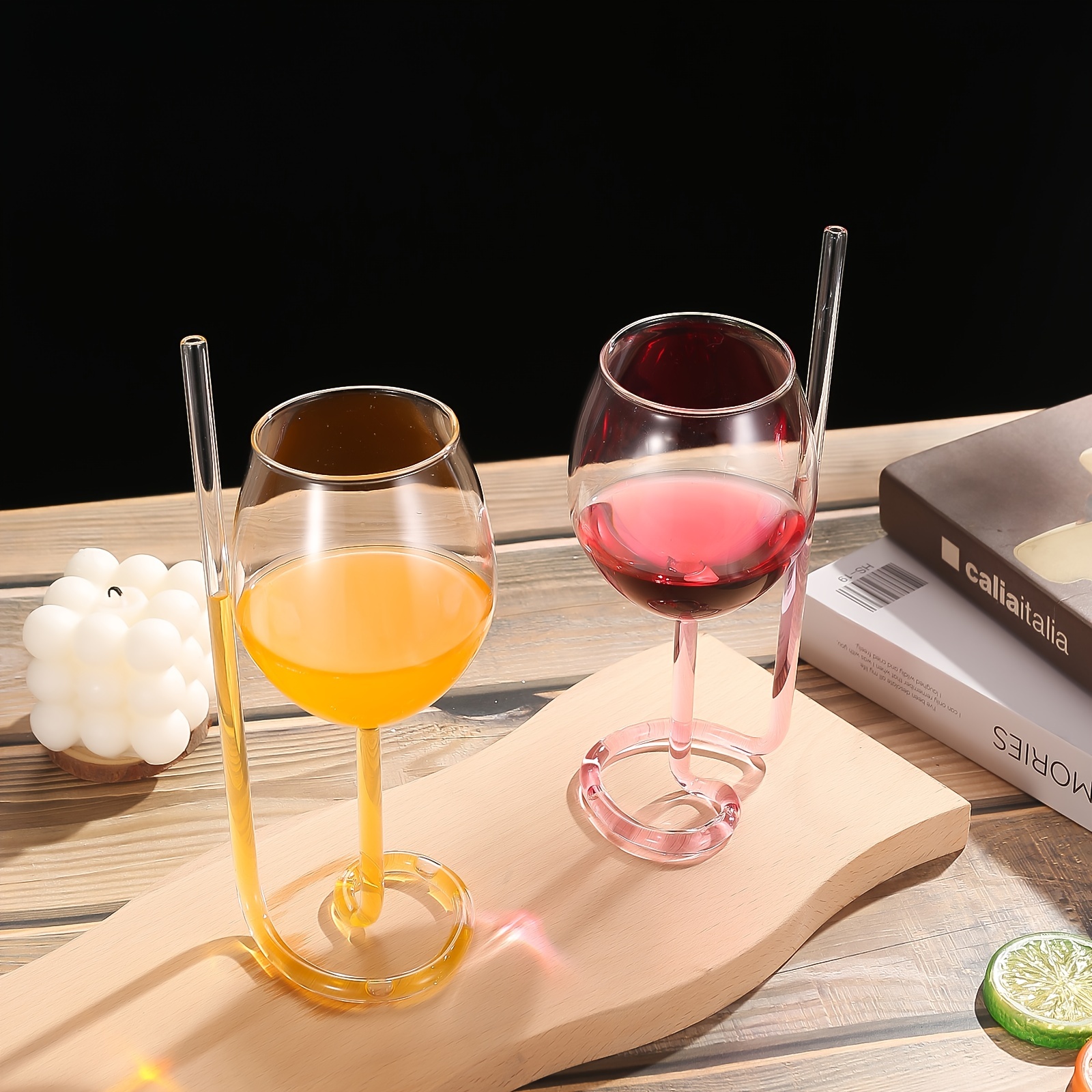 2 Piece Wine Cocktail Goblet Glass with Built-in Straw