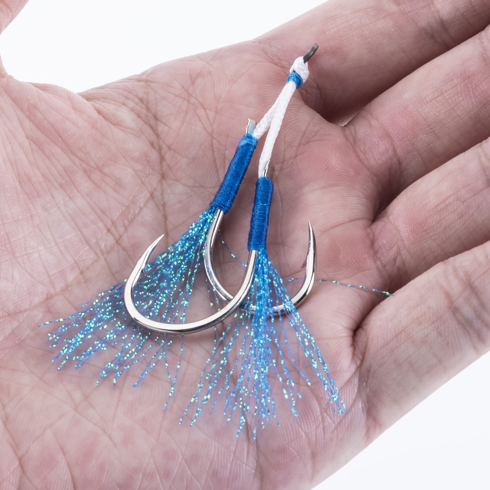 5pcs Blue Fishing Assist Double Hooks with Reflective Tassels Bucktail  Vertical Jigging Lures Jigs Slow Fast Fall Hooks