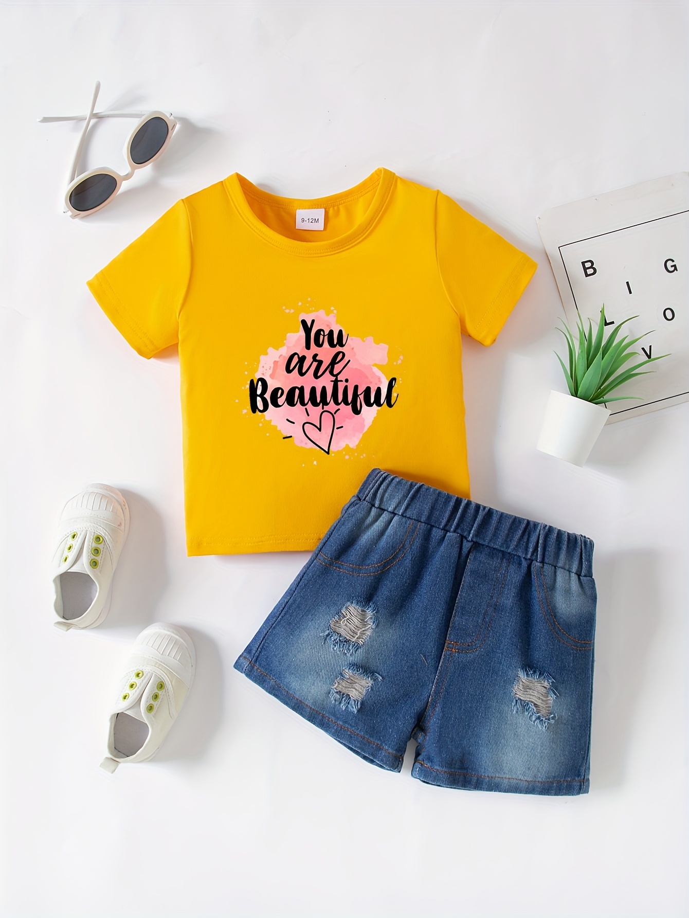 Kids Girls Outfit Short Sleeve Printed T-shirt Top + Ripped Pants Set  Summer Casual Clothes