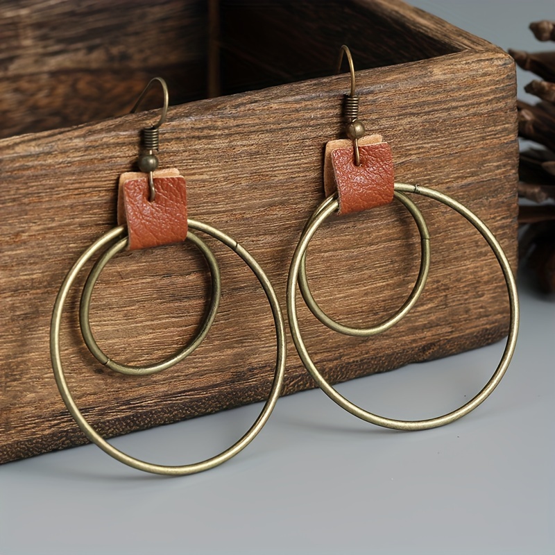 Image of Vintage Earrings Bronze Circle Faux Leather Earrings Women Show Personal Style Party Gift