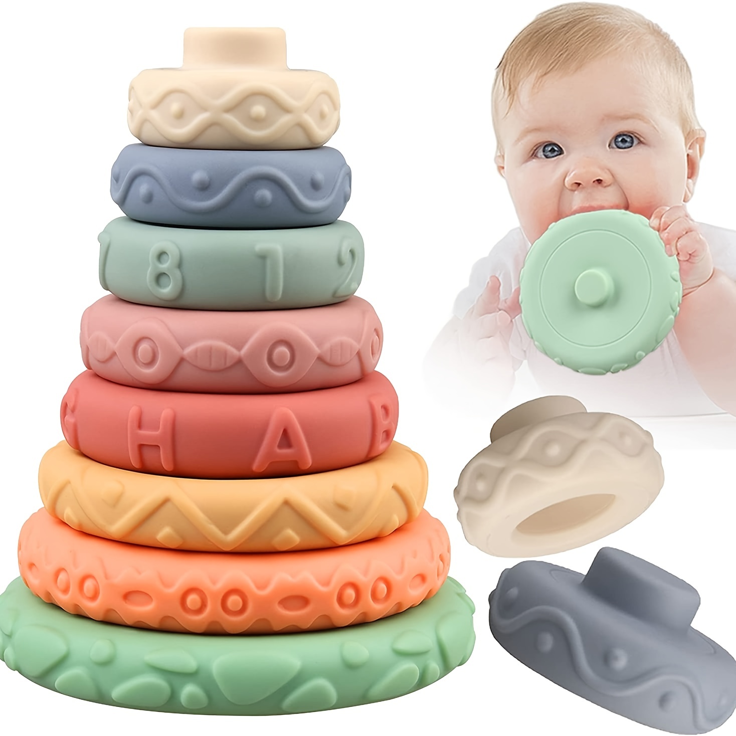 Sensory Baby Teething Toys, Stacking Rings Toys for 1 2 One Year Old, 7