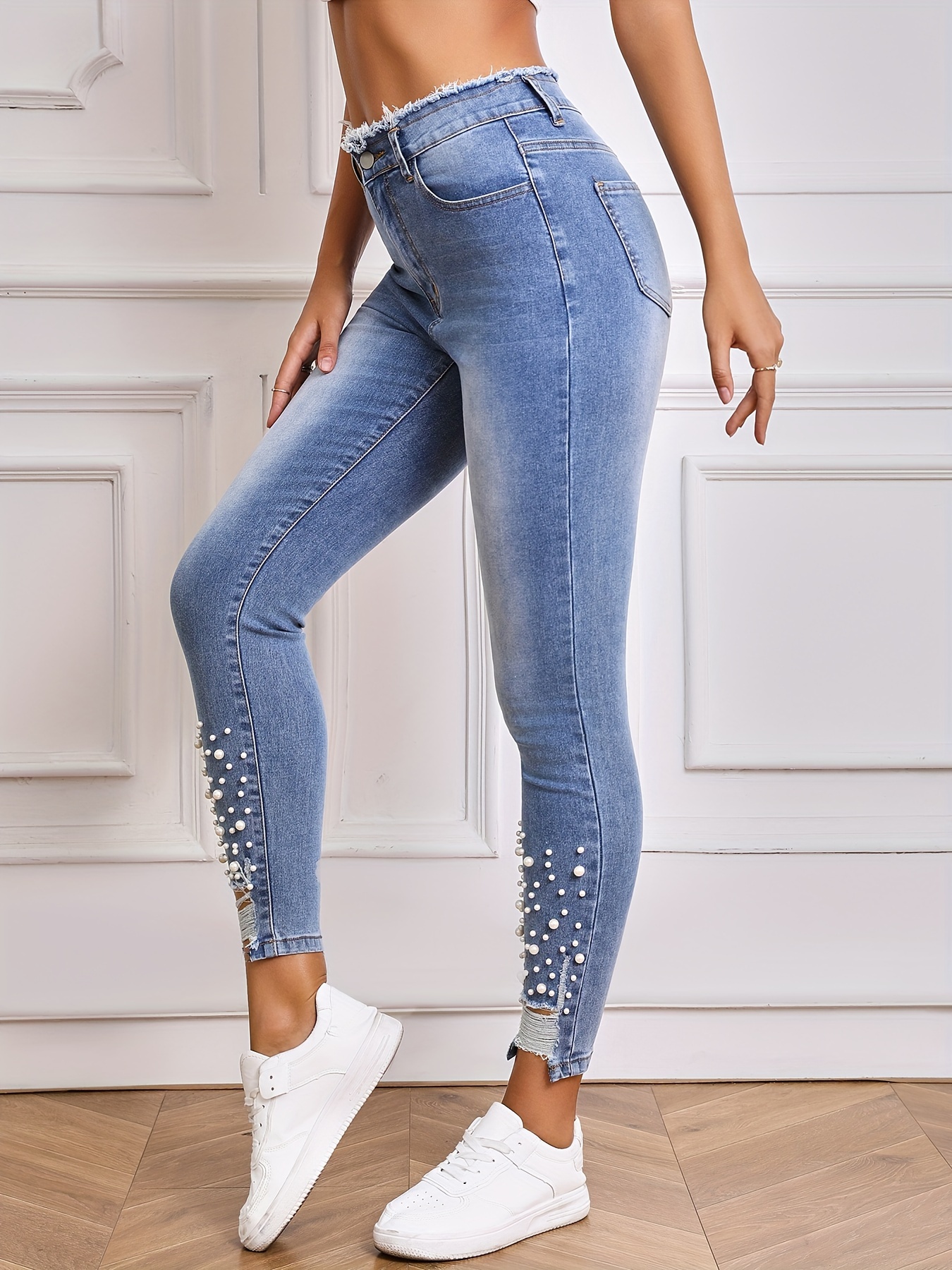 Blue Faux Pearl Decor Skinny Jeans, Studded Slim Fit Slight Stretch Tight  Jeans, Women's Denim Jeans & Clothing