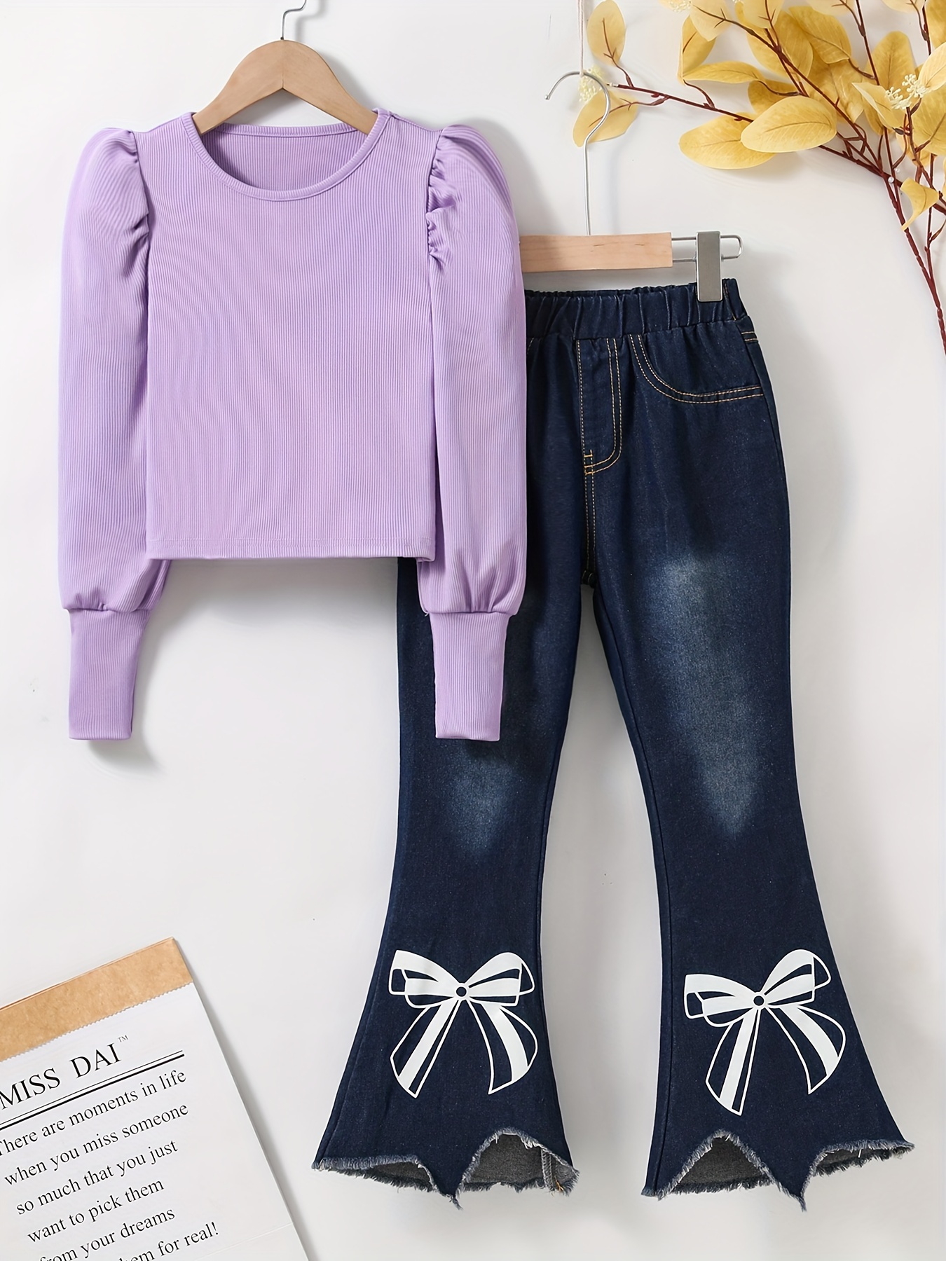 Girl's Casual Denim Outfit Long Sleeve Top Bowknot Pattern - Temu