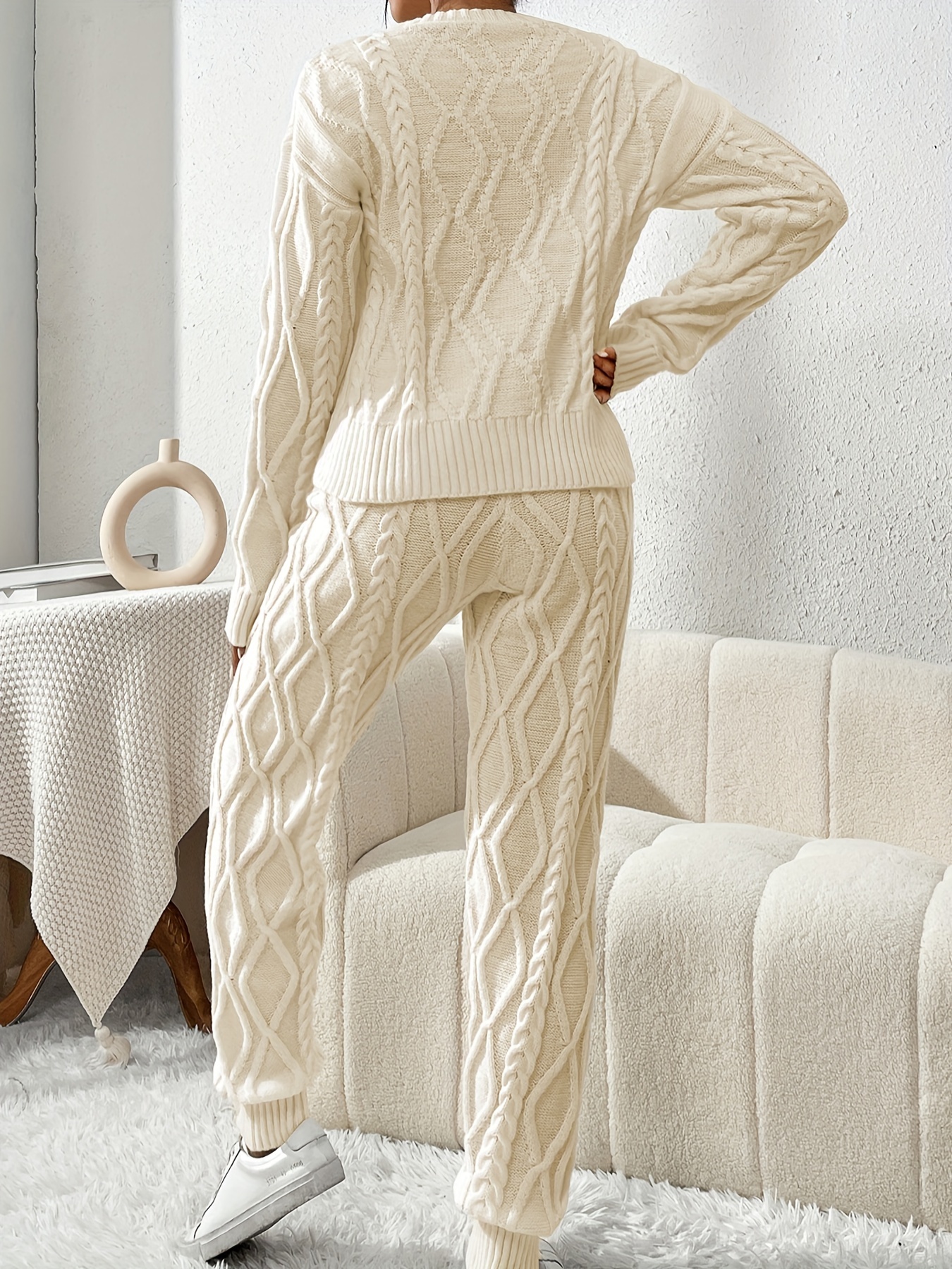 Cable Knit Solid Two-piece Set, Crew Neck Long Sleeve Tops & Long Length  Pants Outfits, Women's Clothing