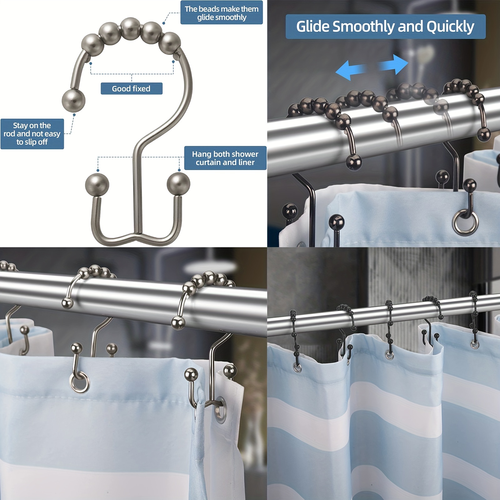 Plastic & Metal Shower Rings for Curtain Bathroom Shower (50pcs)