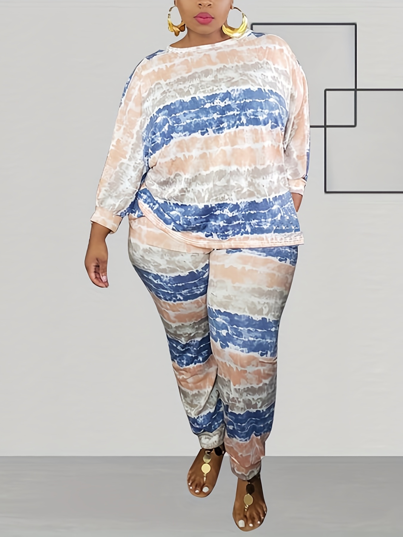 Plus Size Casual Outfits Set, Women's Plus Tie Dye Striped Long Sleeve  Round Neck Tee & Pants Outfits Two Piece Set