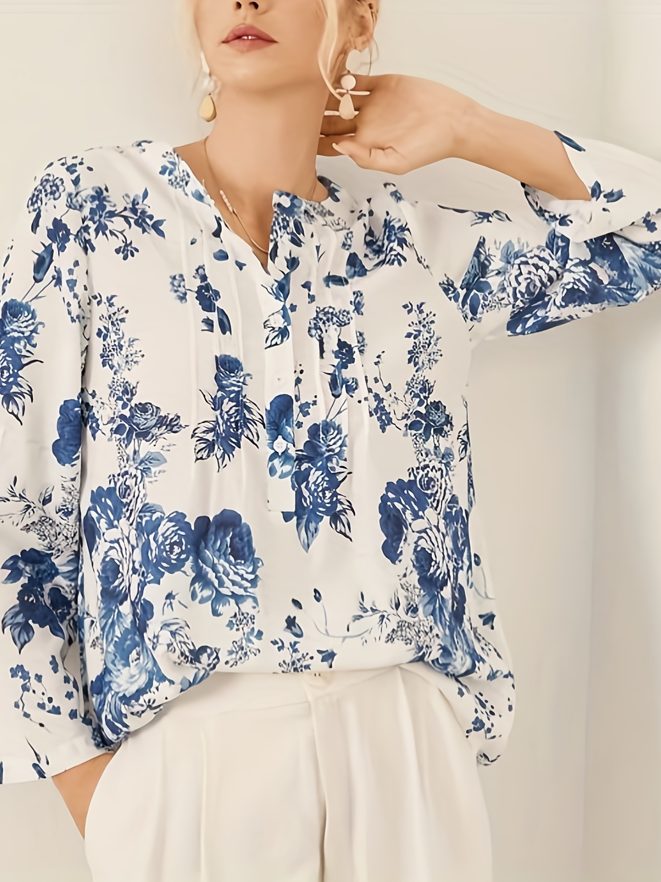 Floral Print Pleated V-neck Long Blouses, Casual Loose Button Down Long  Sleeve Fashion Long Shirts Tops, Women's Clothing