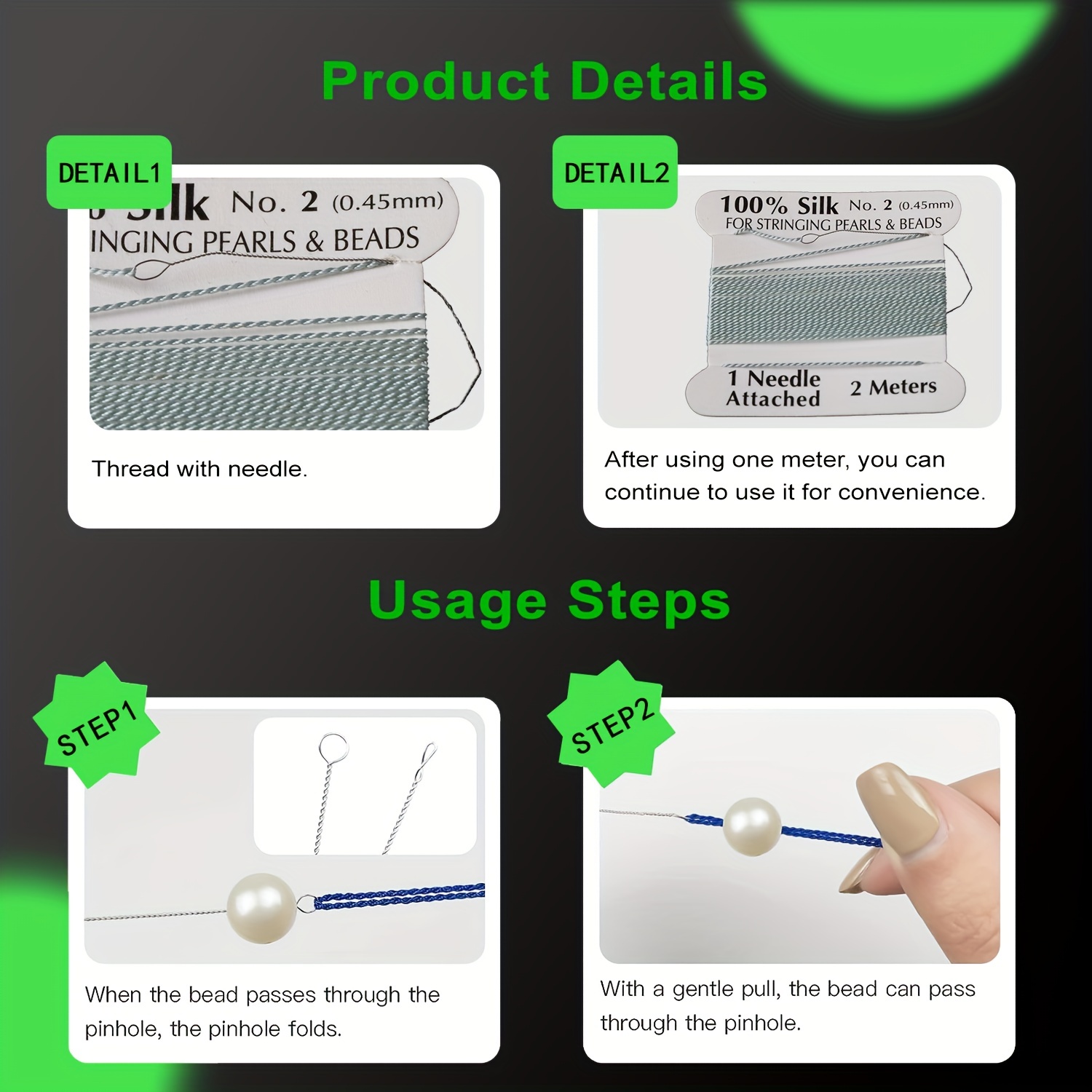 100% Thread, 1 Card Pack with Needle, 2 Meters/Per Card, Available in 20 Colors and 4 Sizes