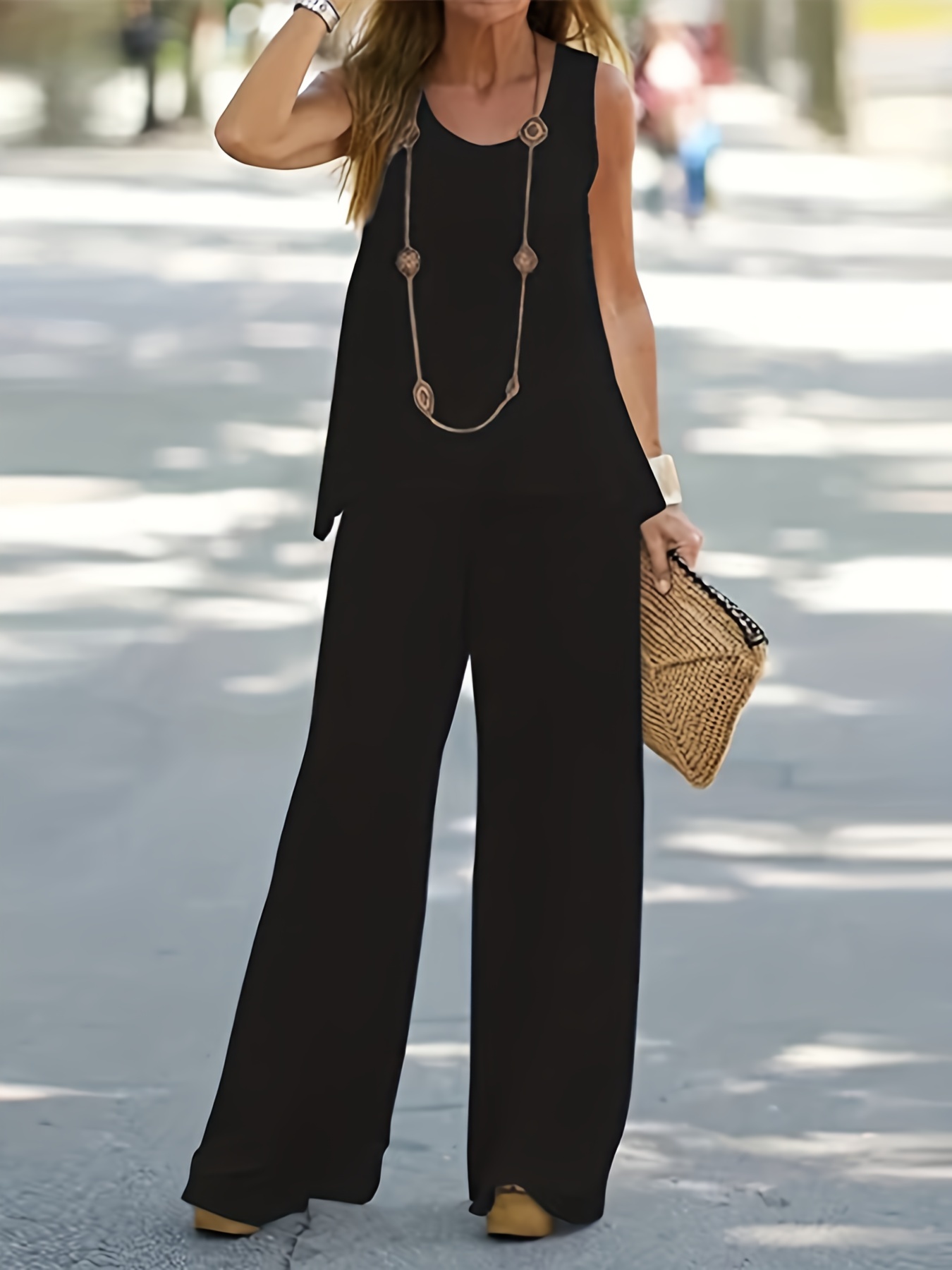 Solid Tank Top & Wide Leg Pants Set