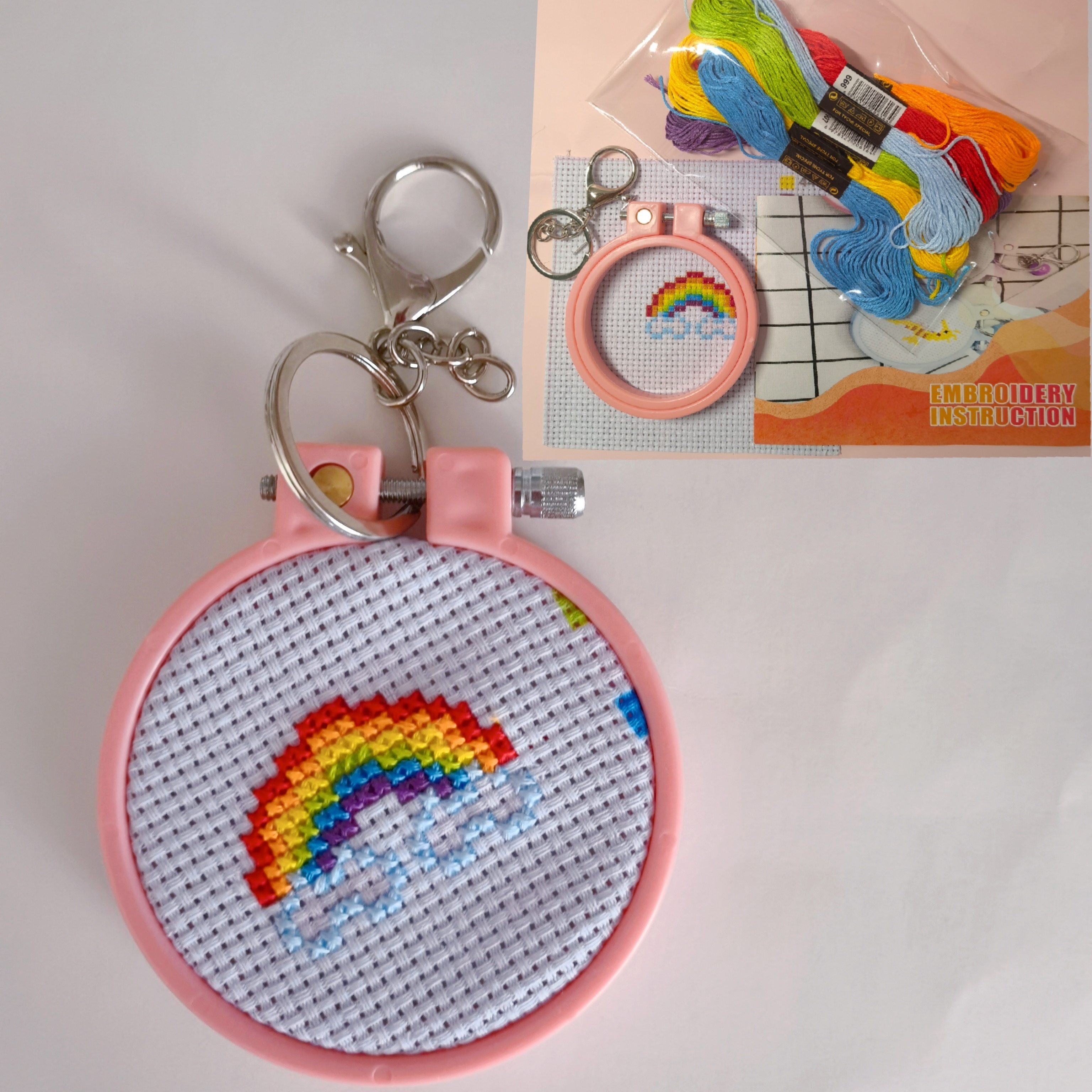 1 Set, Cross Stitch Beginner Kit 1pc Includes 1 Cross Stitch Cloth Stamped  With Pattern+1 Colorful Hoop+1 Key Ring+1 Needle+1 English Instruction+