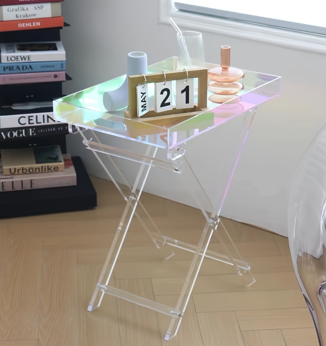 1pc simple acrylic transparent folding coffee table light luxury movable storage shelf   portable table details 2