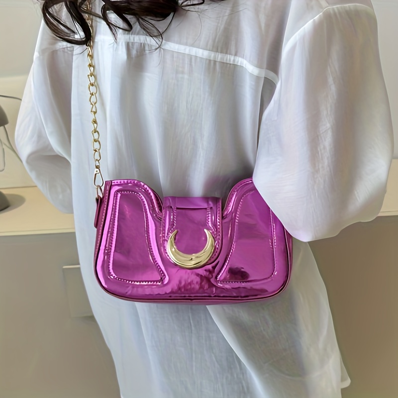 Trendy Chain Crossbody Bag, Glossy Metallic Shoulder Bag, Women's