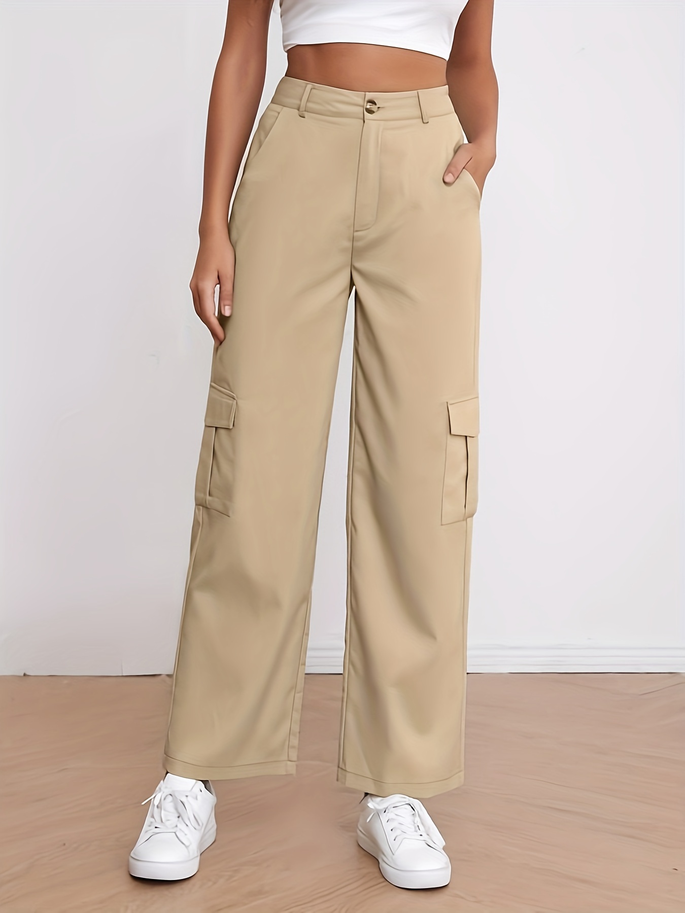 Solid Pocket Cargo Pants Casual Button Front Pants Women's - Temu Canada