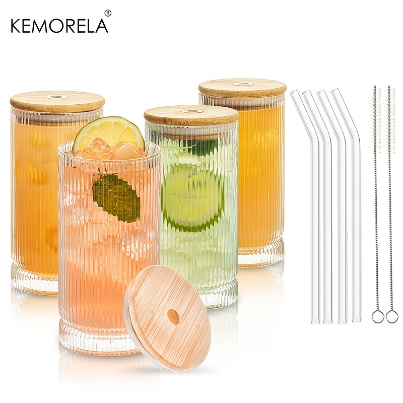 [ 12pcs Set ] Glass Cups with Bamboo Lids and Glass Straw - Beer Can Shaped  16 oz Iced Coffee Drinking Glasses, Cute Tumbler Cup for Smoothie, Boba