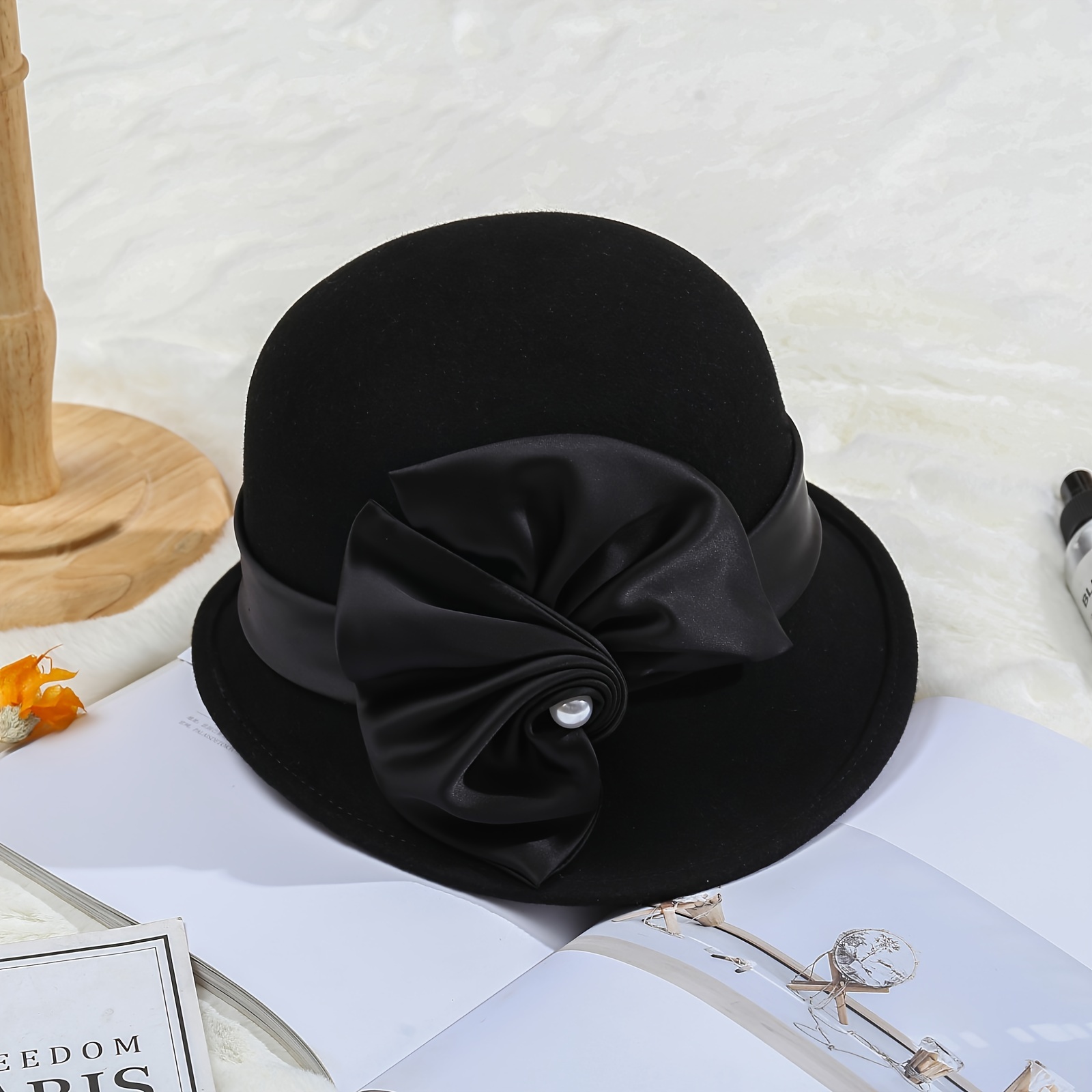 Satin Big Flower Wool Bucket Hat Elegant Hepburn Style Solid - Temu