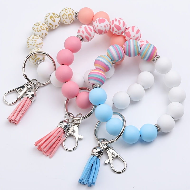 Men's Silicone Bead Bracelet Card Holder Pu Tassel Keychain - Temu