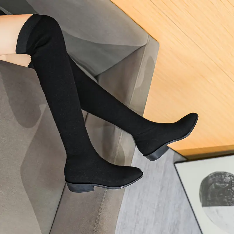 Botas altas hasta el muslo elásticas para mujer, botas negras de tacón  grueso con punta cuadrada, botas cómodas informales para mujer