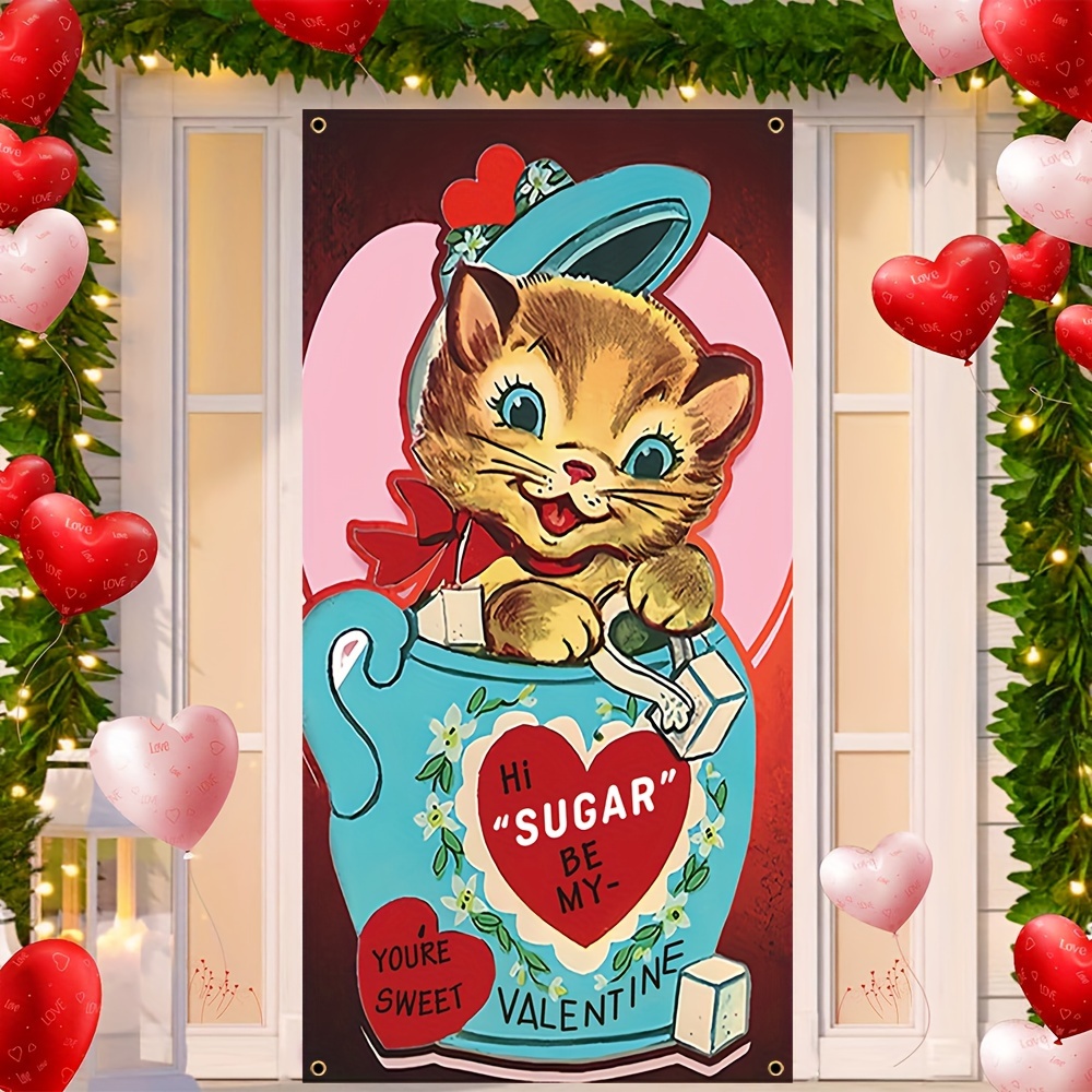 

1pc, Valentine's Day Door Cover Decoration, Polyester Retro Cat Pattern Couple Party Backdrop Photo Booth Indoor Outdoor Banner Party Supplies 70x35 Inches