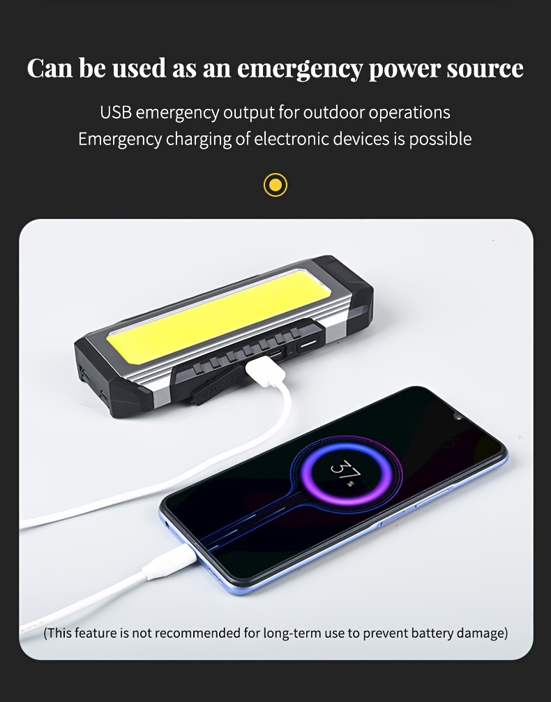 1pc multifunctional led work light cob strong light flashlight usb charging built in 4000mah battery outdoor emergency mobile power flashlight can charge mobile phones details 7