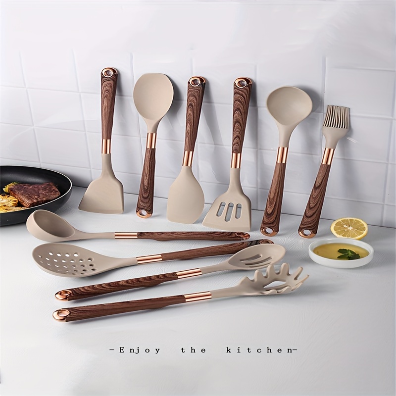 Silicone Cooking Utensil Set Non-Stick Kitchen Utensils Set 10 Pcs Heat Resistant Kitchen Tools with Wooden Handle