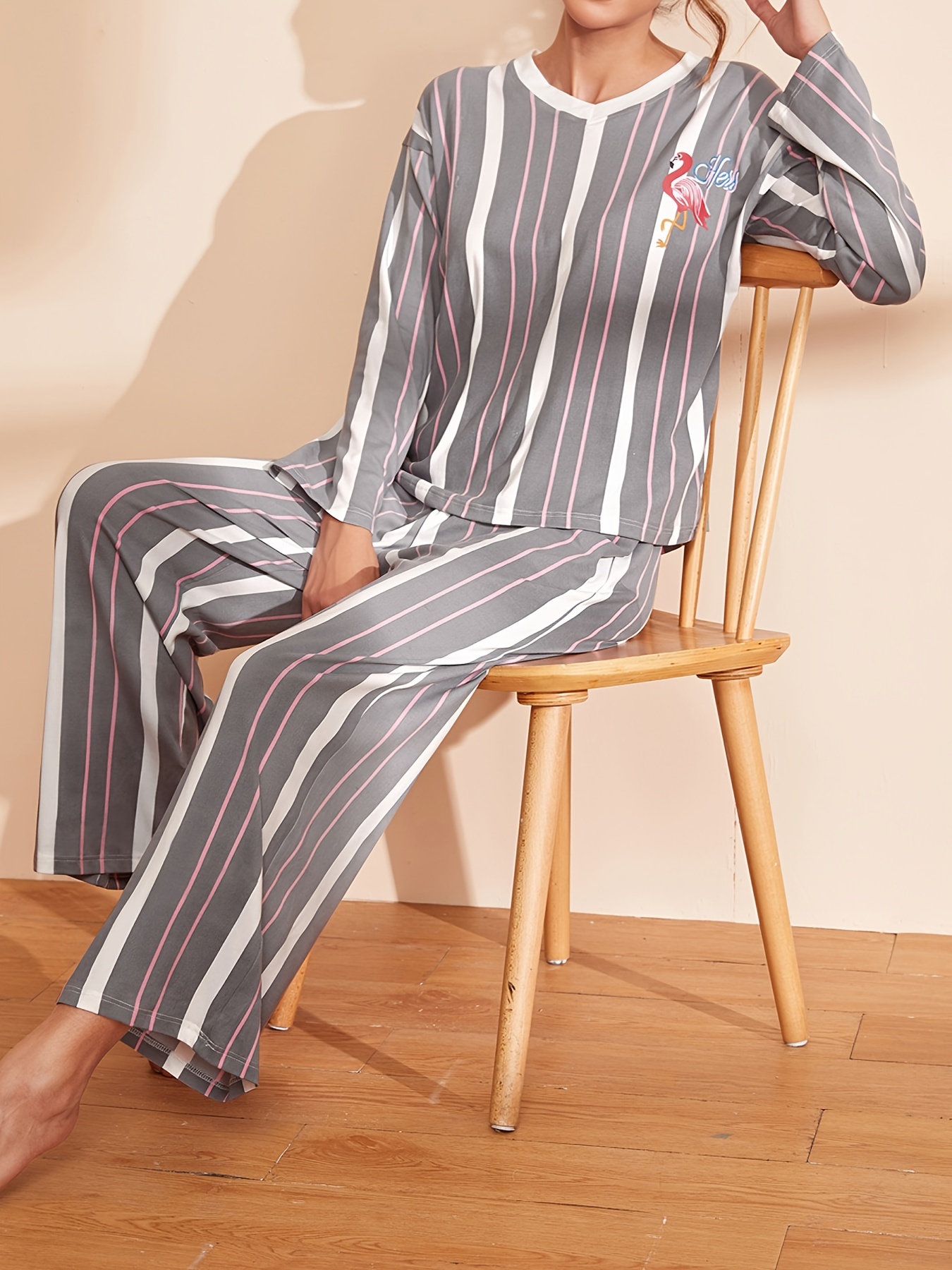 Cute Print Vertical Striped Pajama Set, V Neck Long Sleeve Top & Elastic  Waistband Pants, Women's Sleepwear & Loungewear