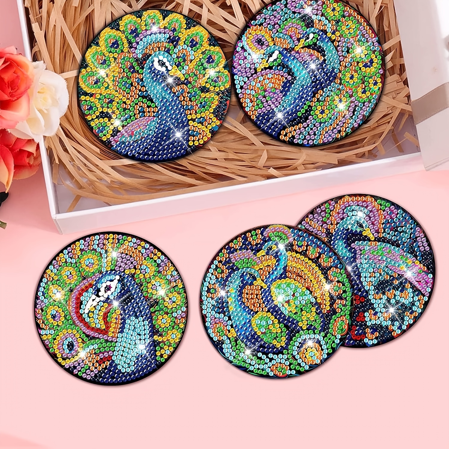 Peacock Diamond Art Coasters Peacock Diamond Painting - Temu